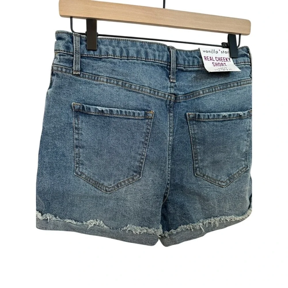 Vanilla Star Womens Cheeky Shorts 9 Blue High Rise Distressed Denim Festival‎